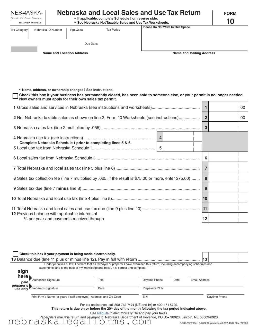 Blank Nebraska 10 Form
