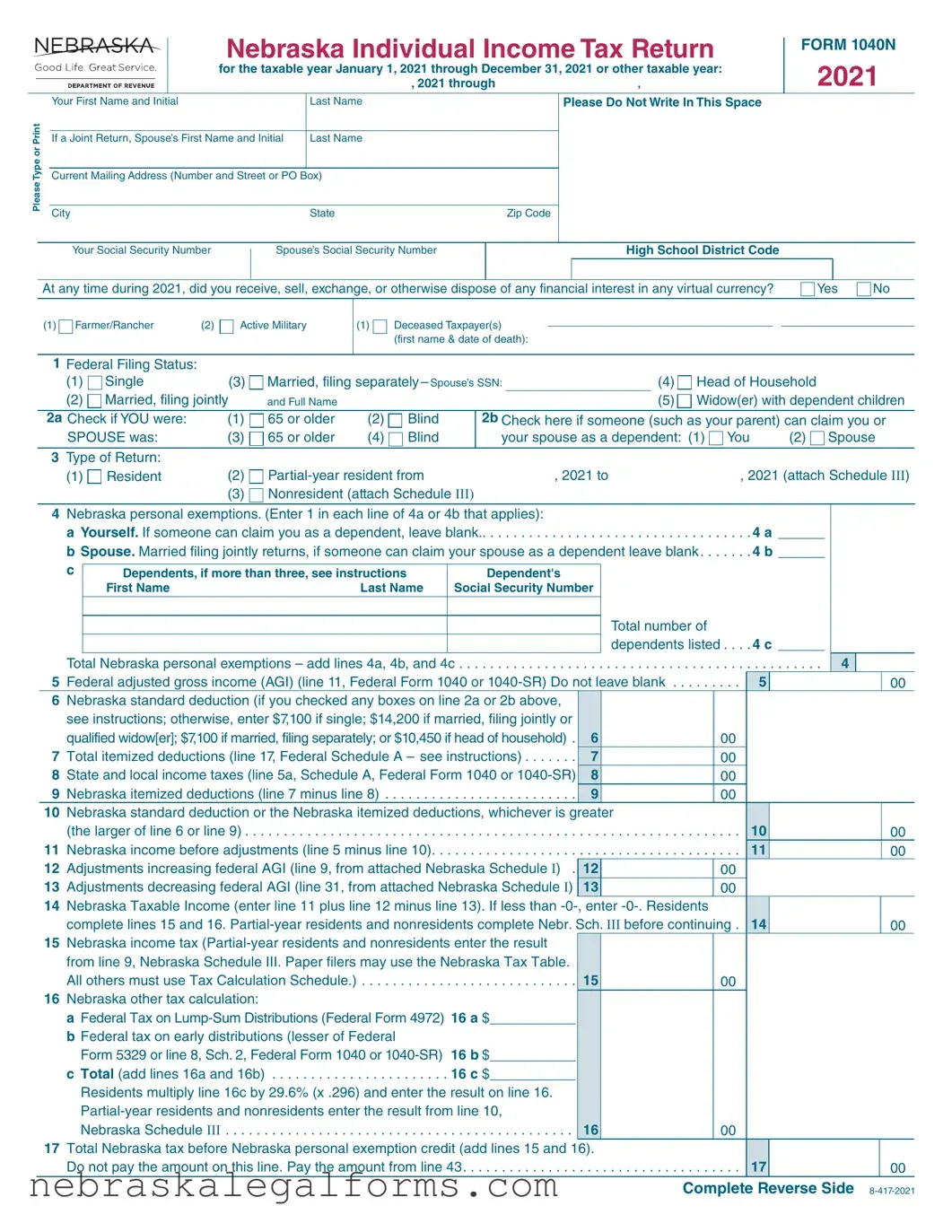 Blank Nebraska 1040N Form
