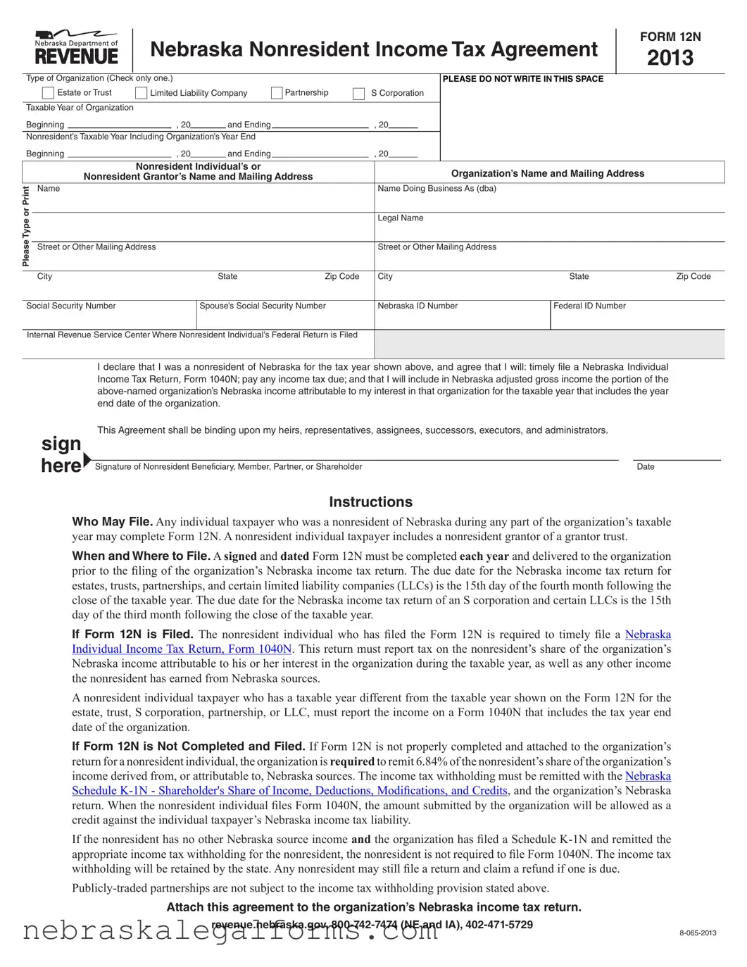 Blank Nebraska 12N Form