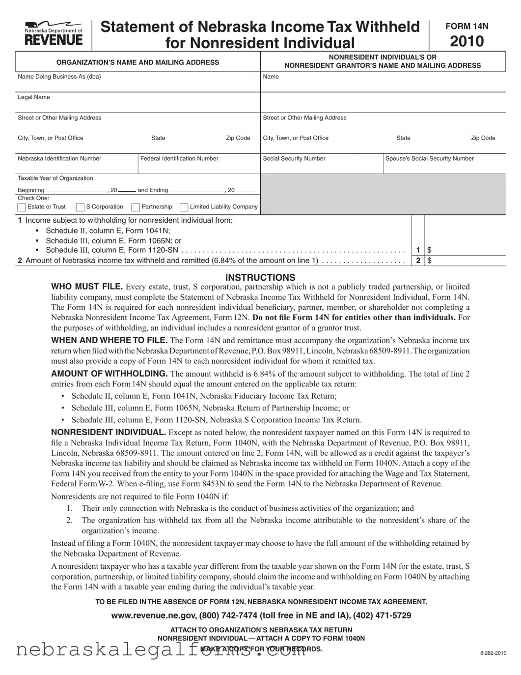 Blank Nebraska 14N Form