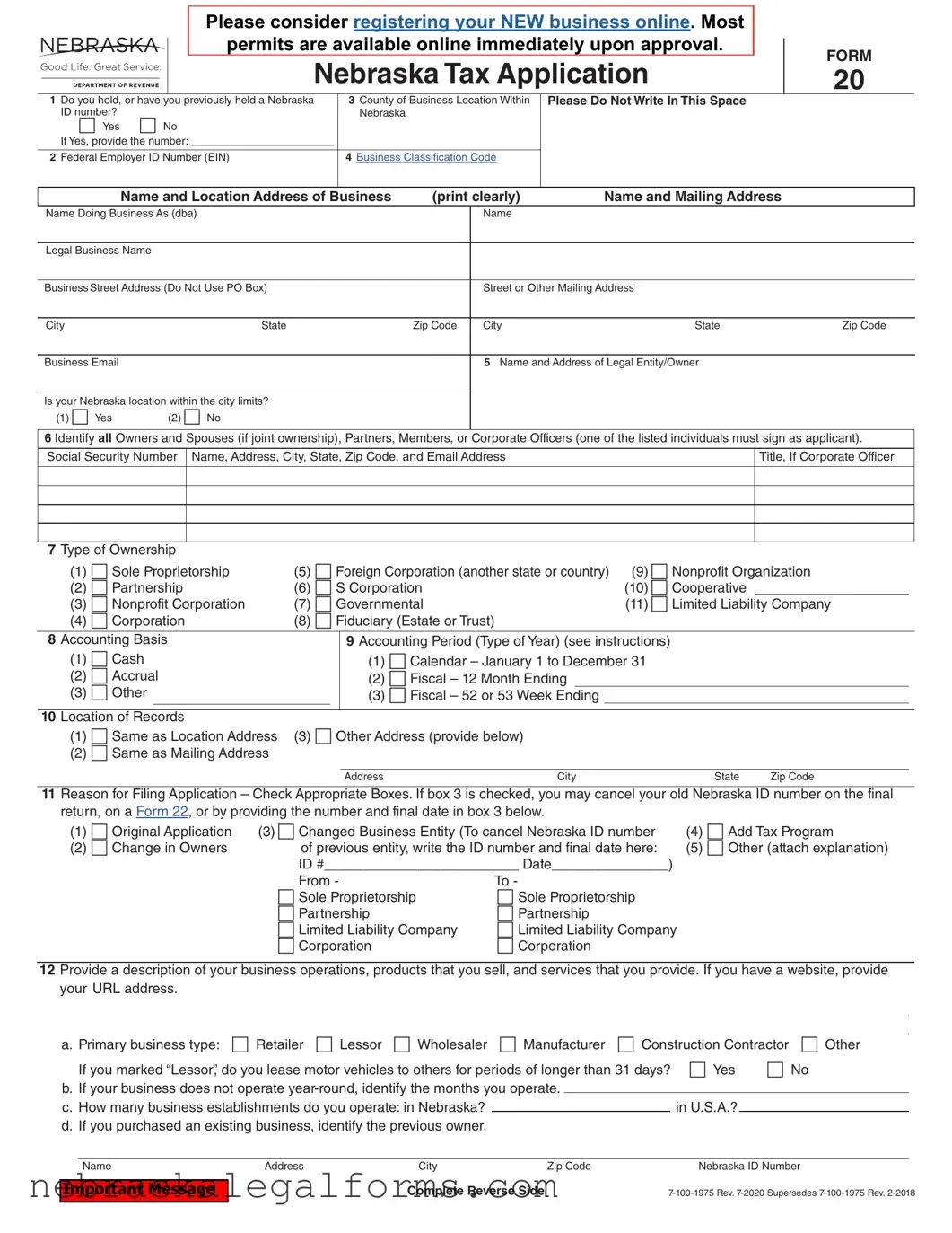 Blank Nebraska 20 Form