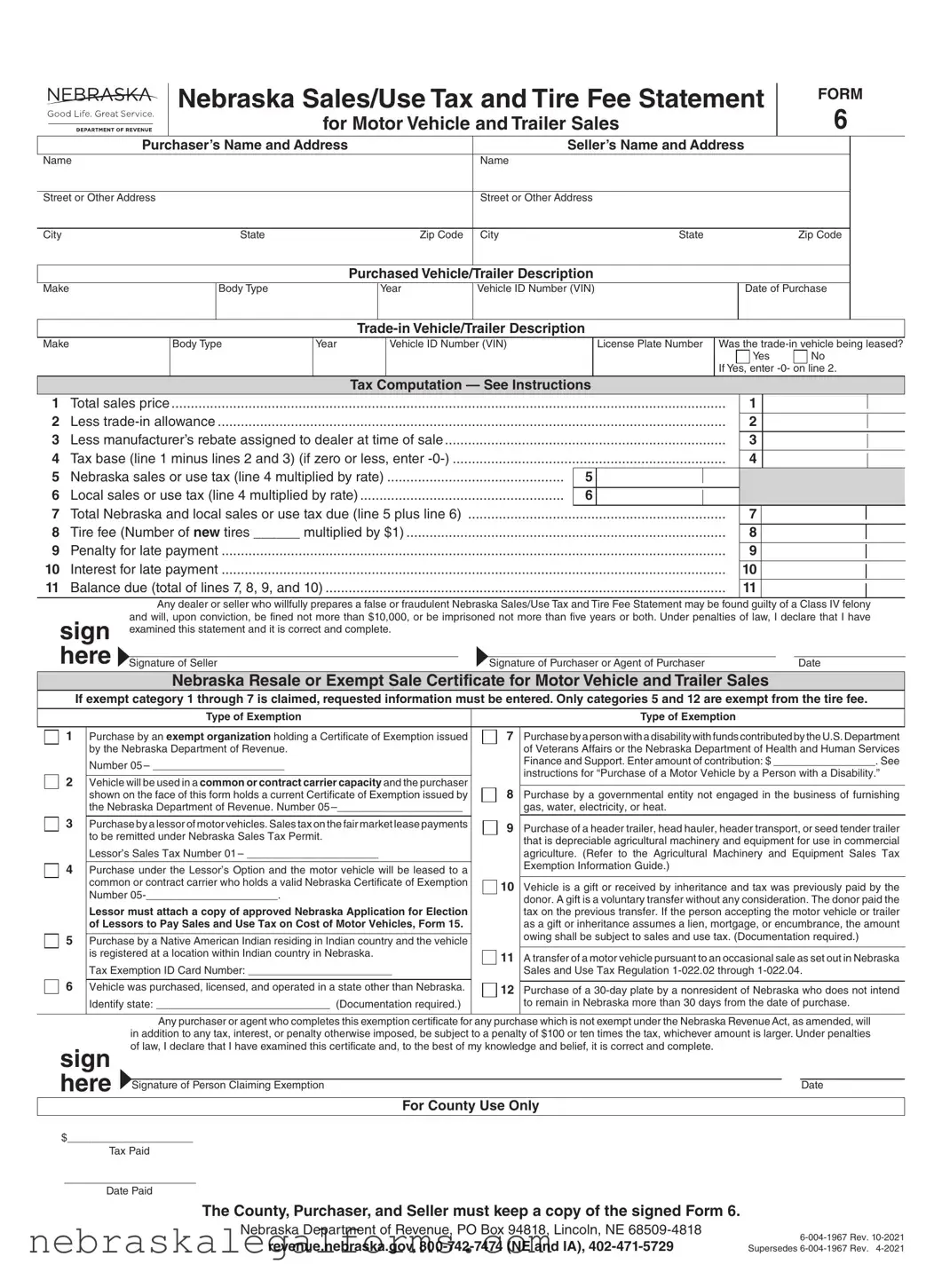 Blank Nebraska 6 Form