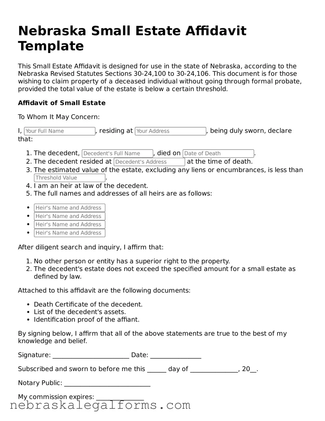 Free Nebraska Small Estate Affidavit Document