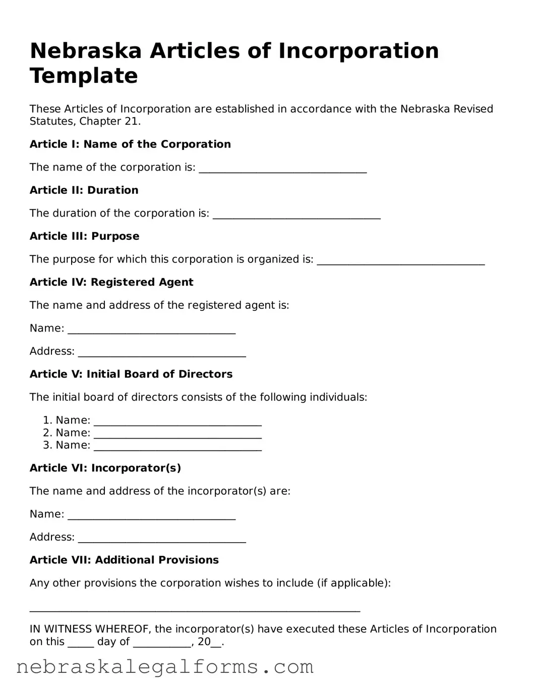 Free Nebraska Articles of Incorporation Document