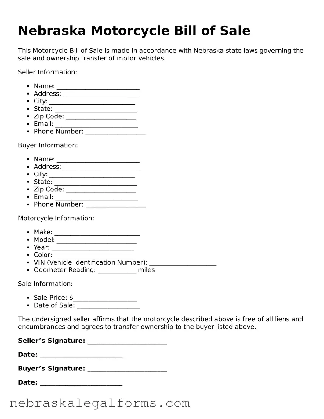 Free Nebraska Motorcycle Bill of Sale Document
