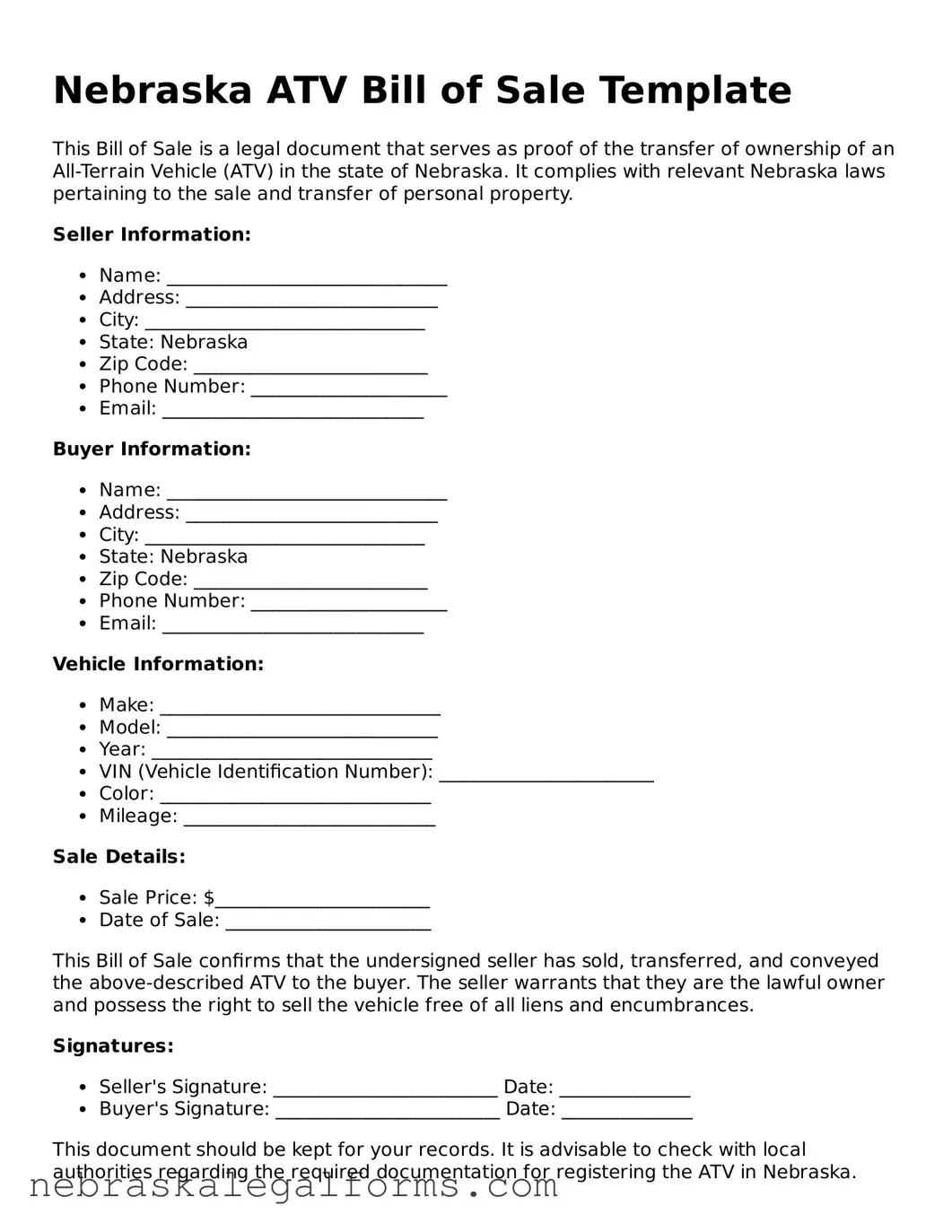 Free Nebraska ATV Bill of Sale Document