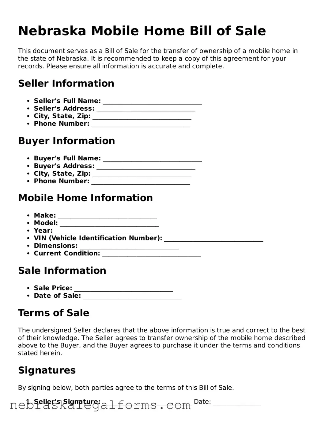 Free Nebraska Mobile Home Bill of Sale Document