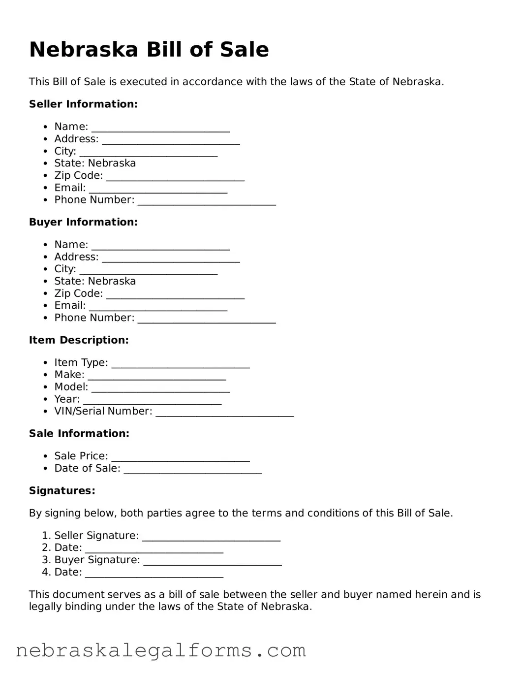 Free Nebraska Bill of Sale Document