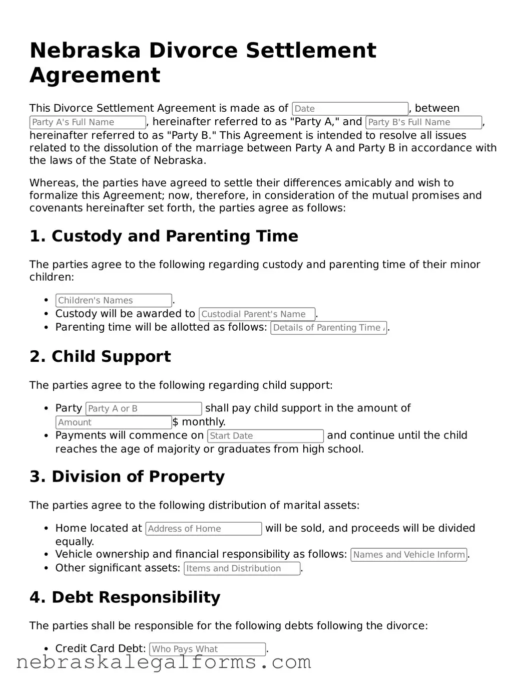 Free Nebraska Divorce Settlement Agreement Document