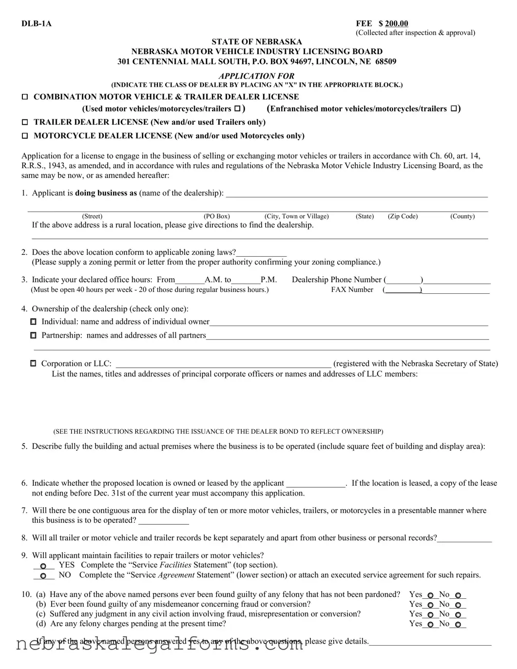Blank Nebraska Dlb 1A Form