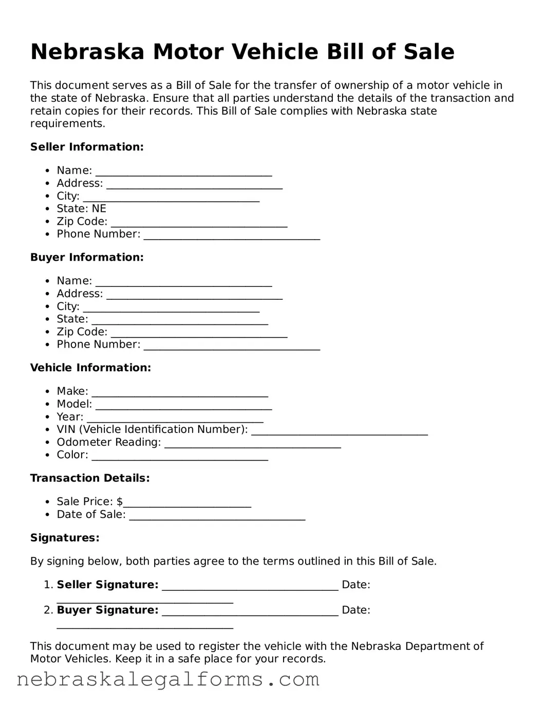 Free Nebraska Motor Vehicle Bill of Sale Document