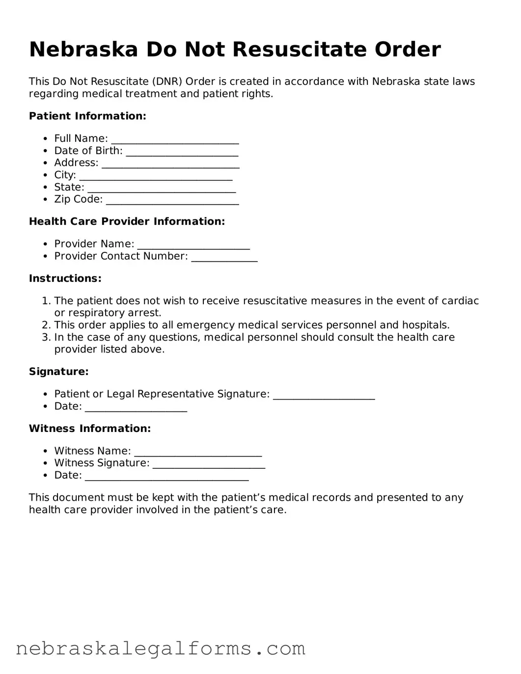 Free Nebraska Do Not Resuscitate Order Document