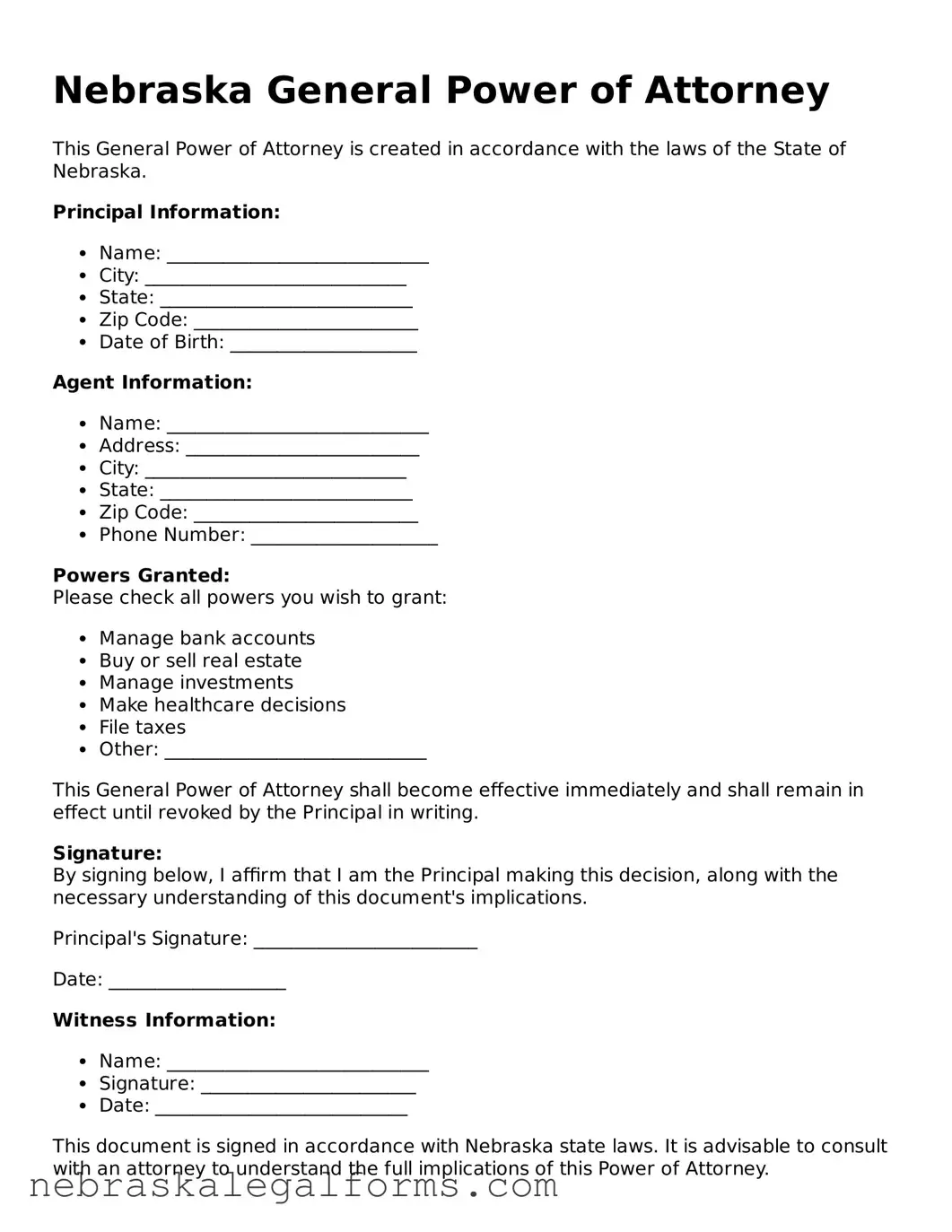 Free Nebraska General Power of Attorney Document