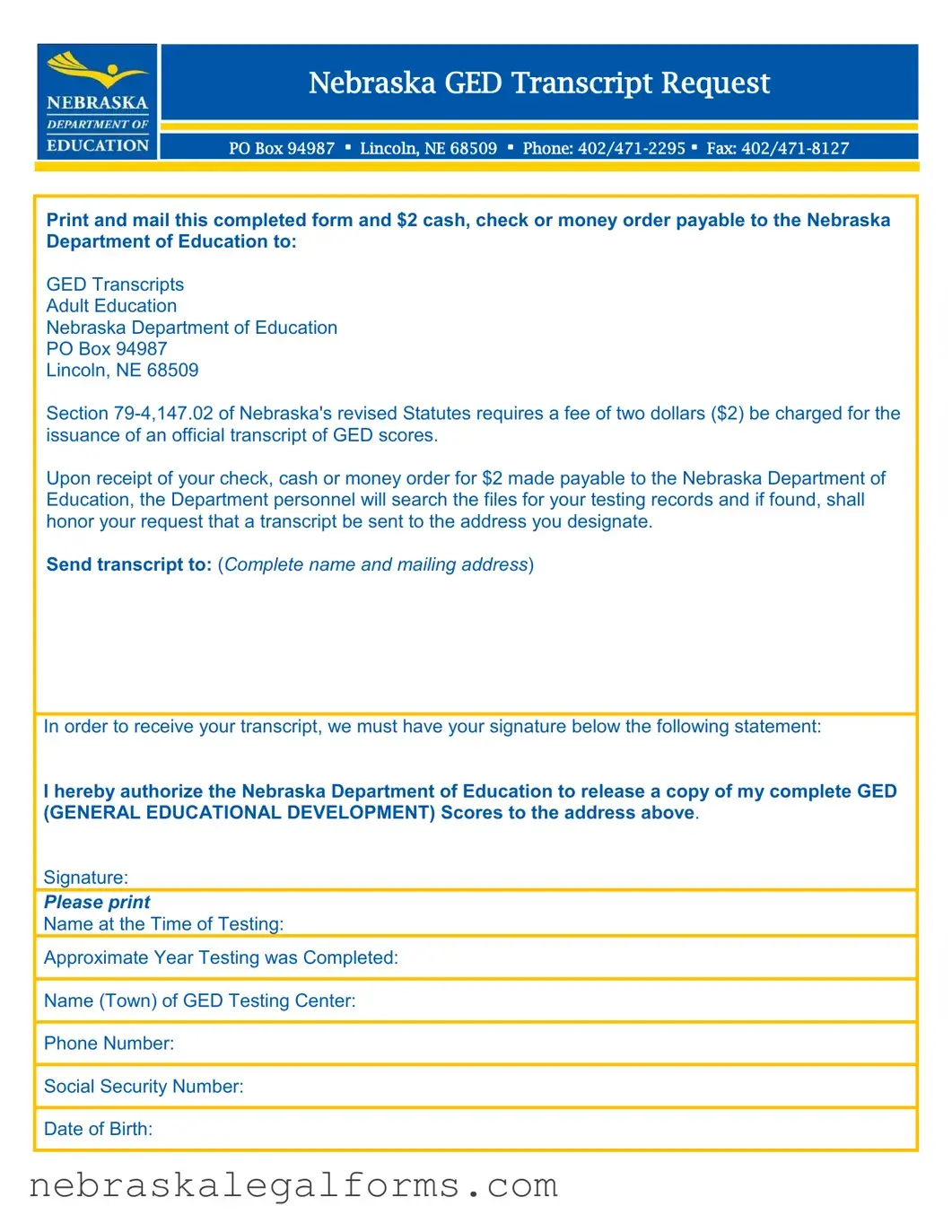 Blank Nebraska Ged Transcript Request Form