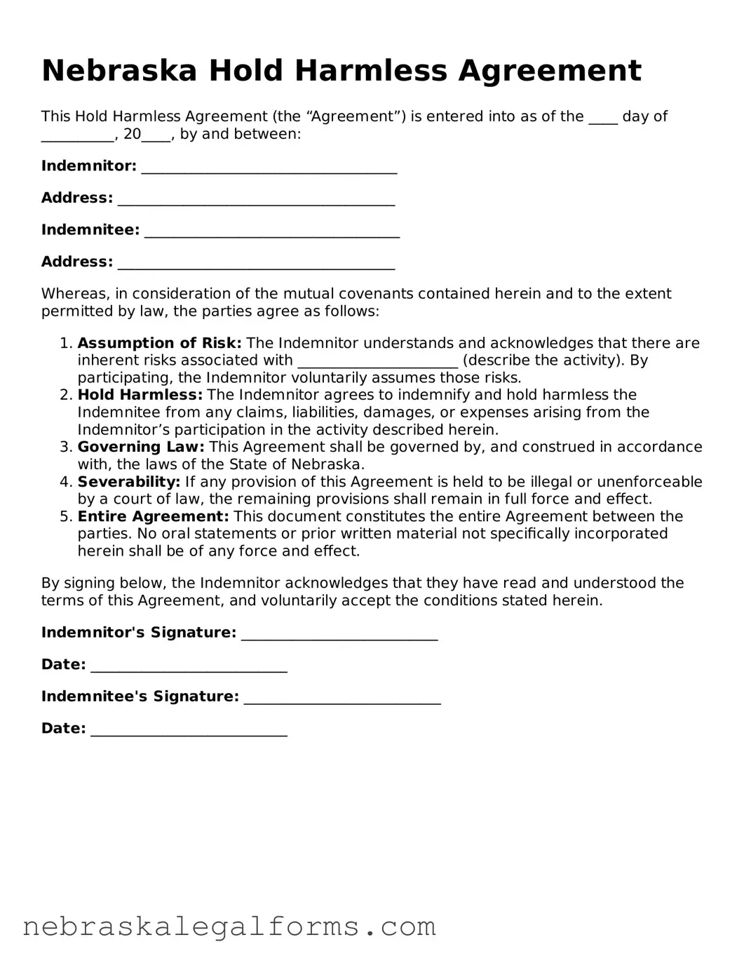 Free Nebraska Hold Harmless Agreement Document
