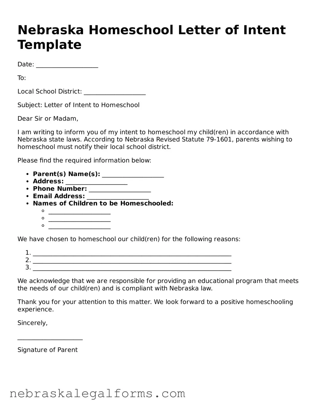 Free Nebraska Homeschool Letter of Intent Document