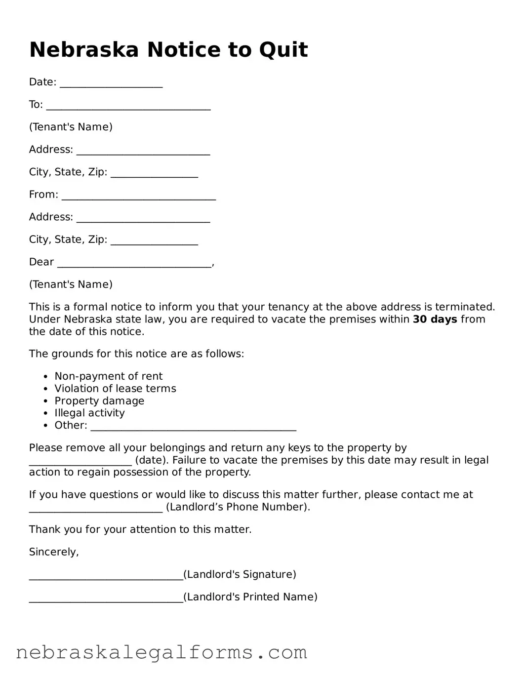 Free Nebraska Notice to Quit Document