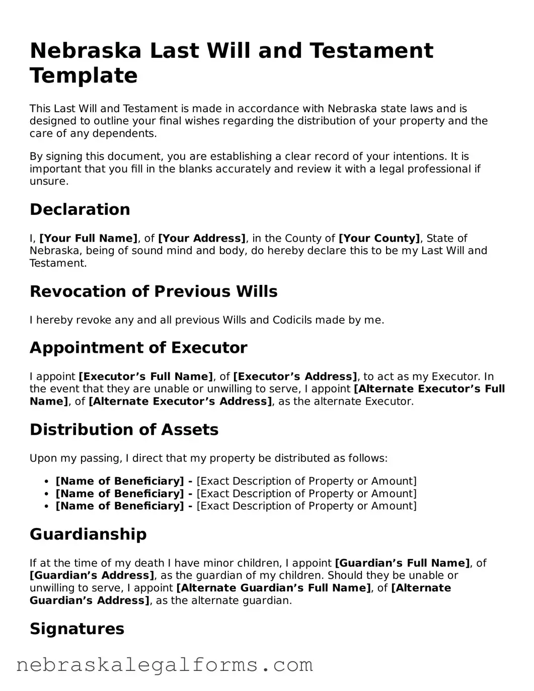 Free Nebraska Last Will and Testament Document
