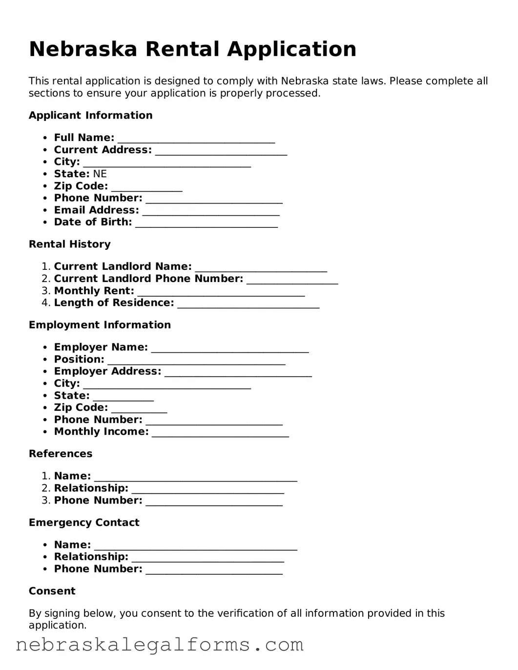 Free Nebraska Rental Application Document