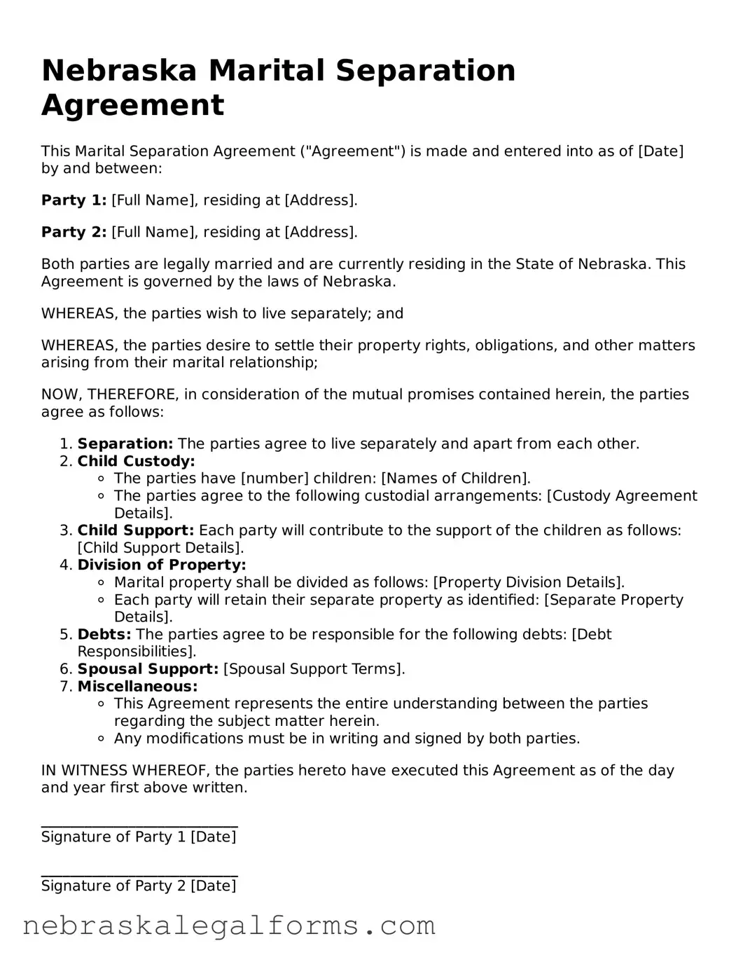 Free Nebraska Marital Separation Agreement Document