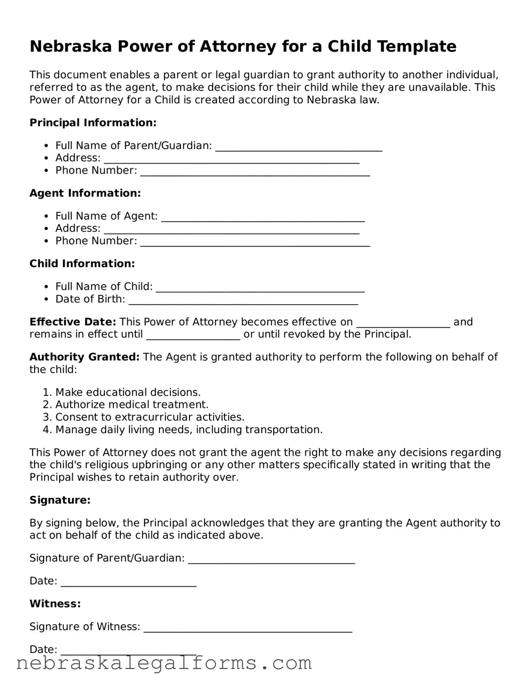 Free Nebraska Power of Attorney for a Child Document
