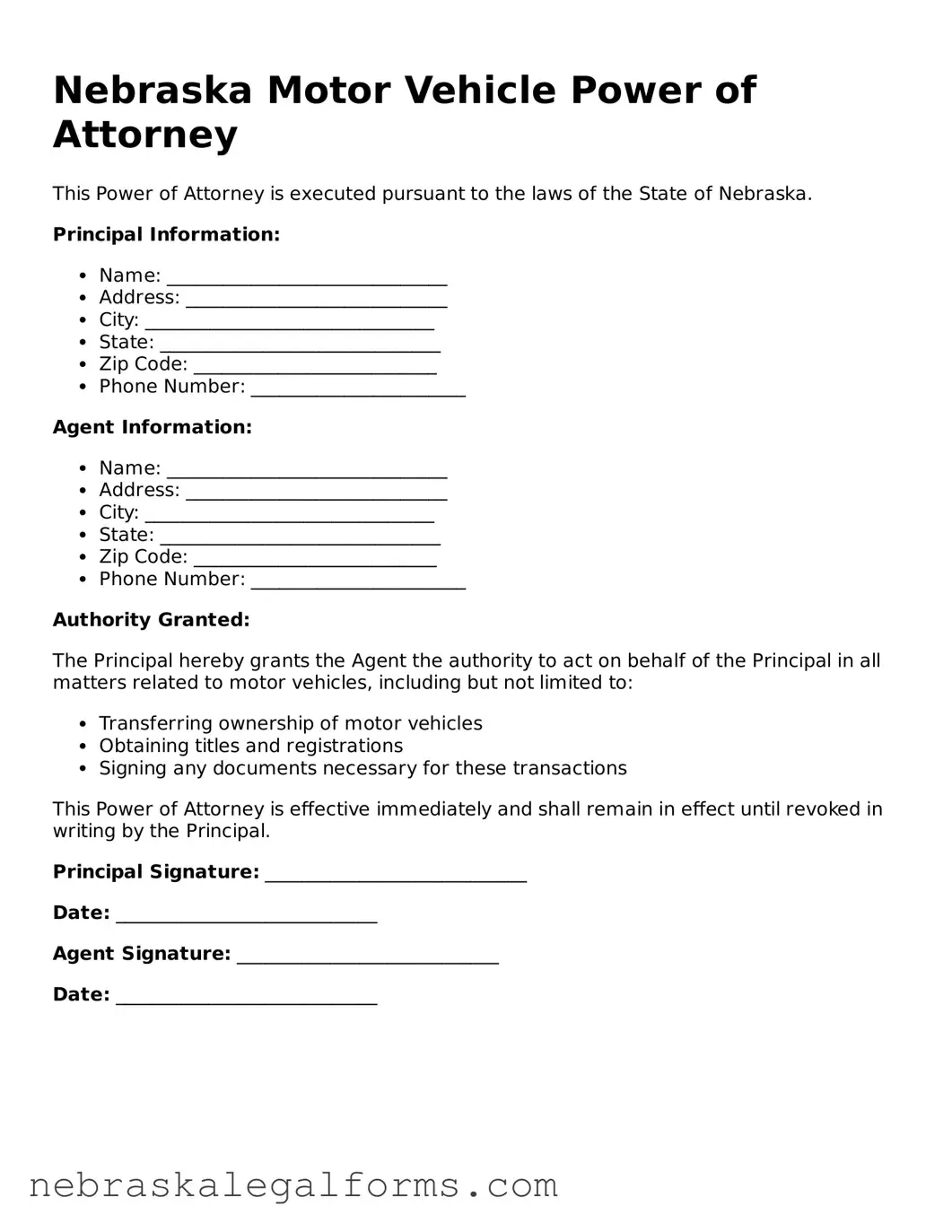 Free Nebraska Motor Vehicle Power of Attorney Document