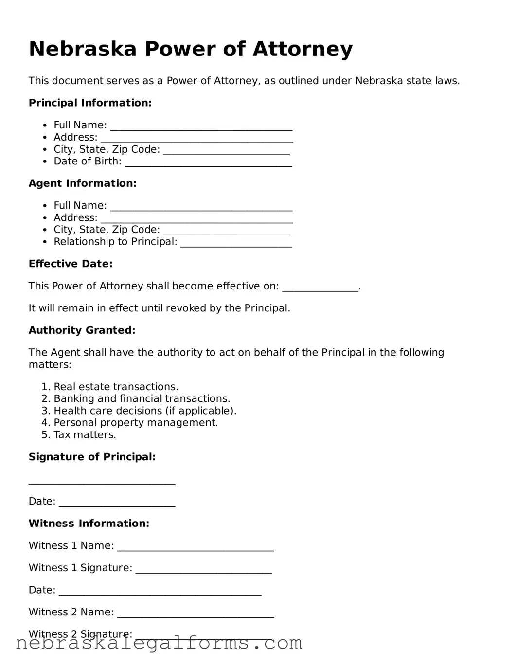 Free Nebraska Power of Attorney Document