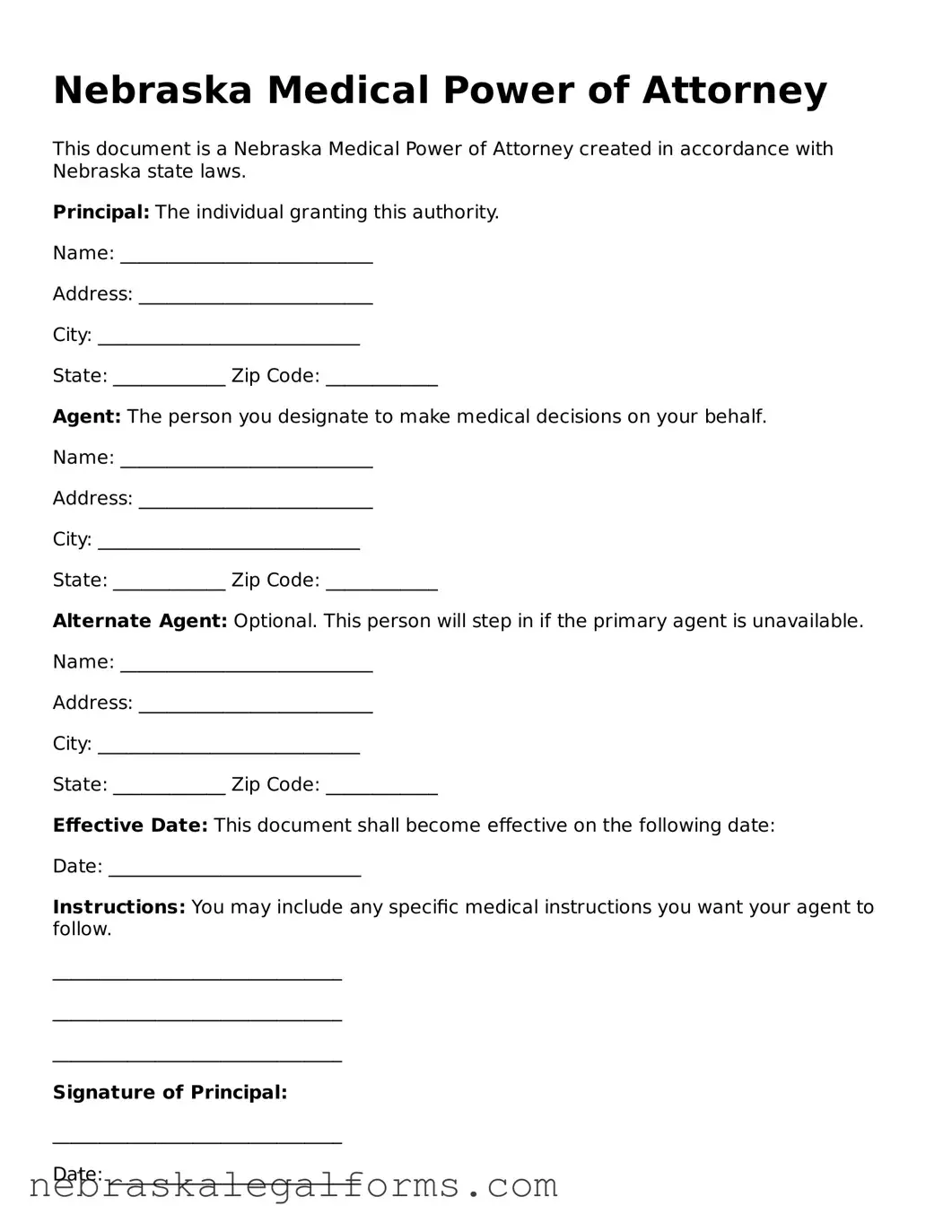 Free Nebraska Medical Power of Attorney Document