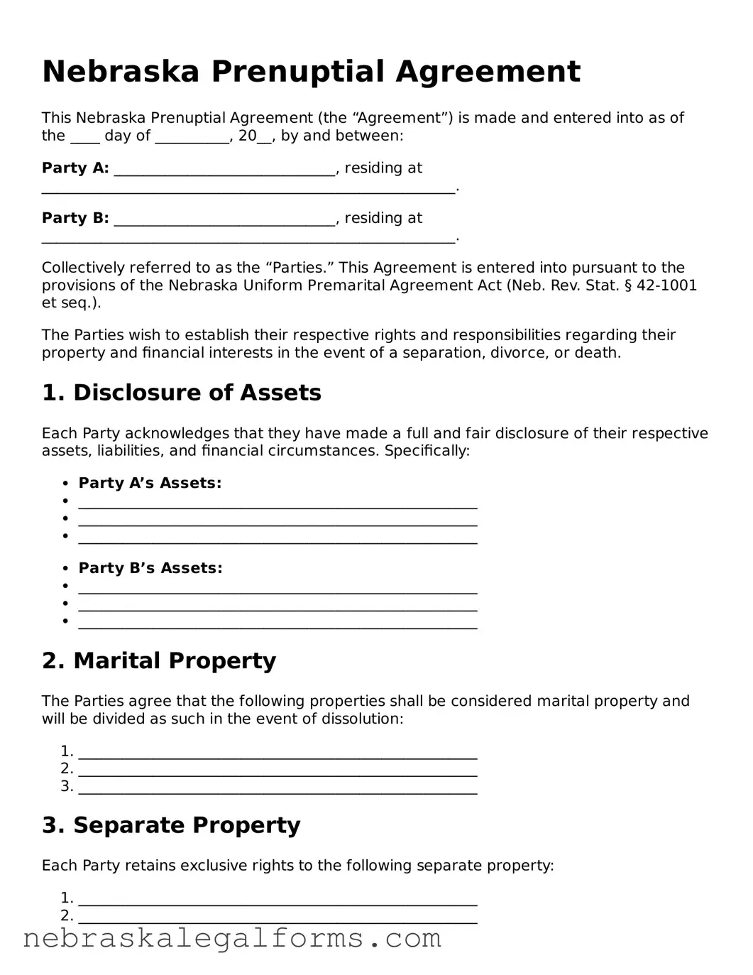 Free Nebraska Prenuptial Agreement Document