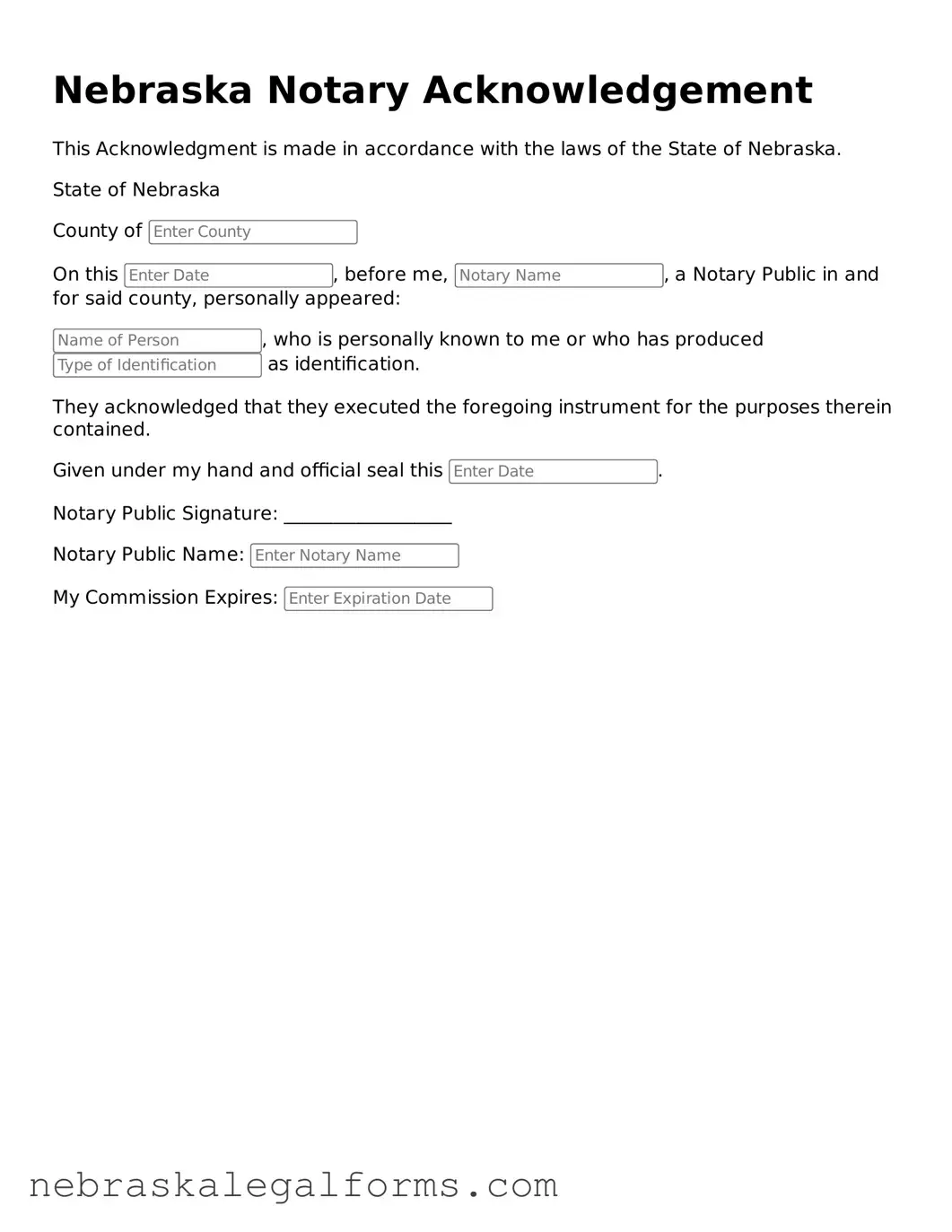 Free Nebraska Notary Acknowledgement Document