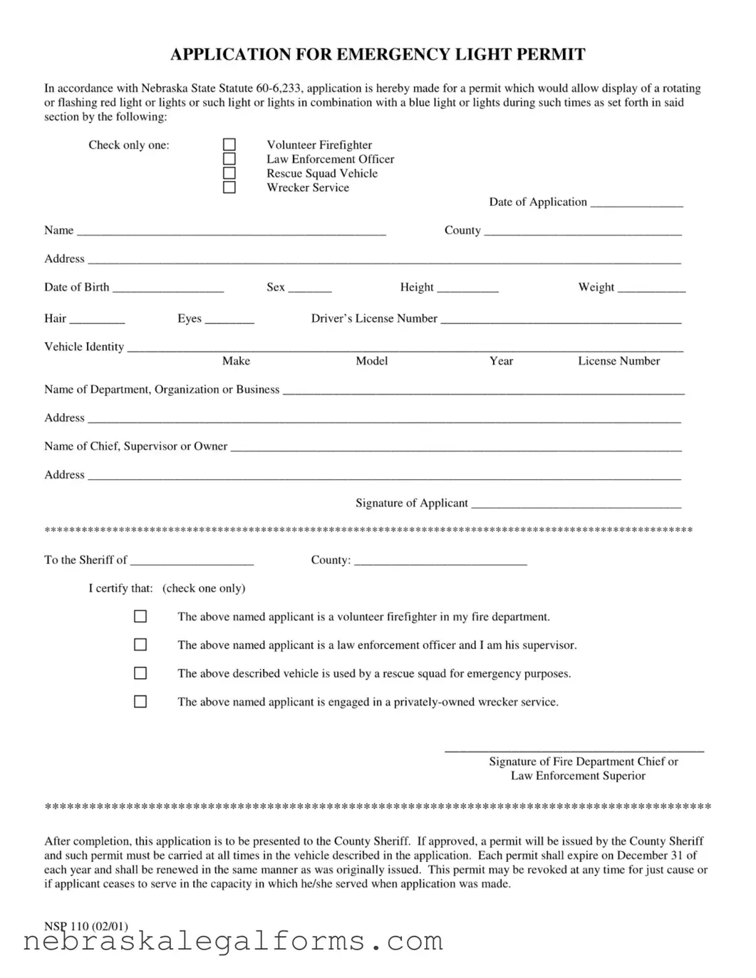 Blank Nebraska Red Light Permit Form