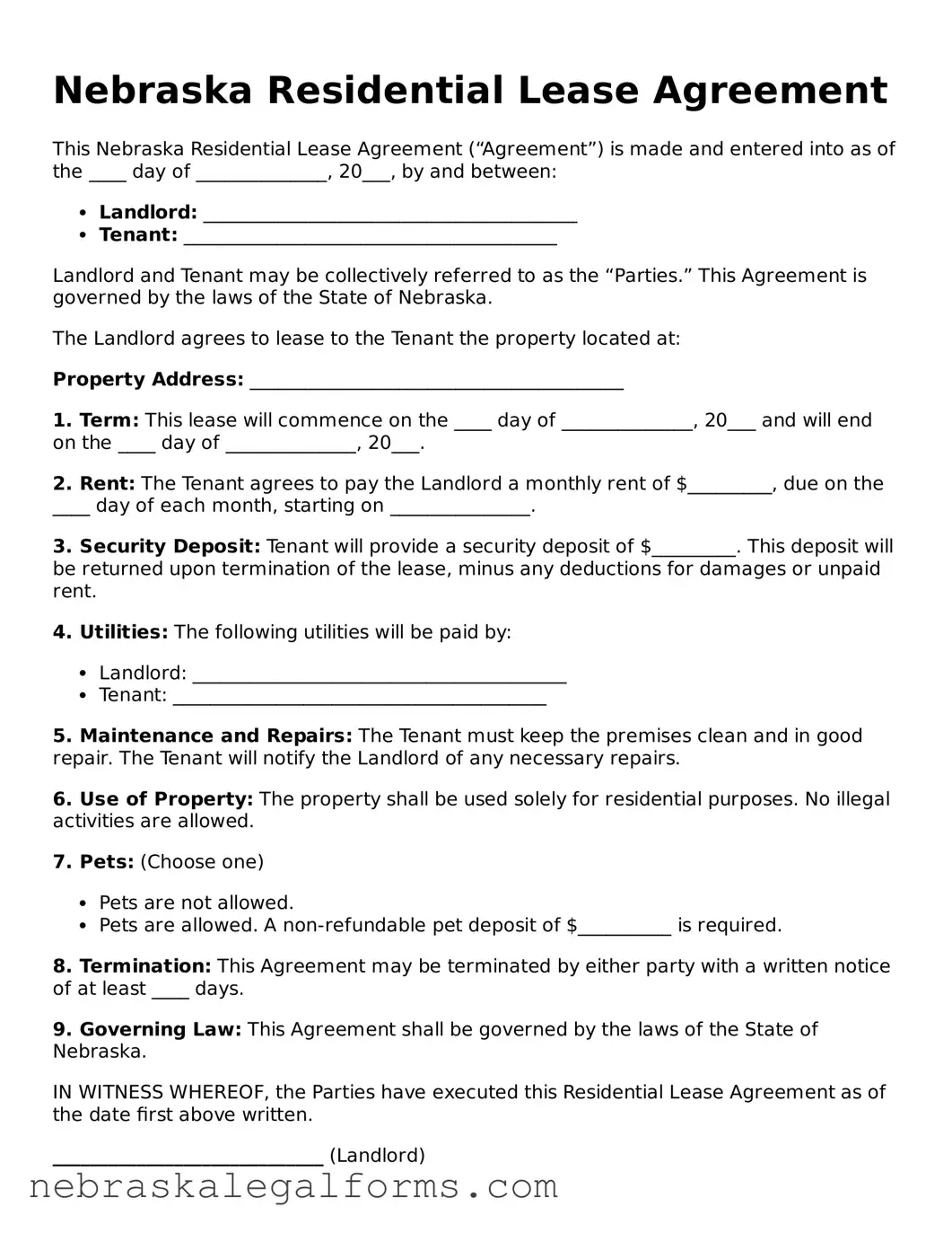 Free Nebraska Residential Lease Agreement Document