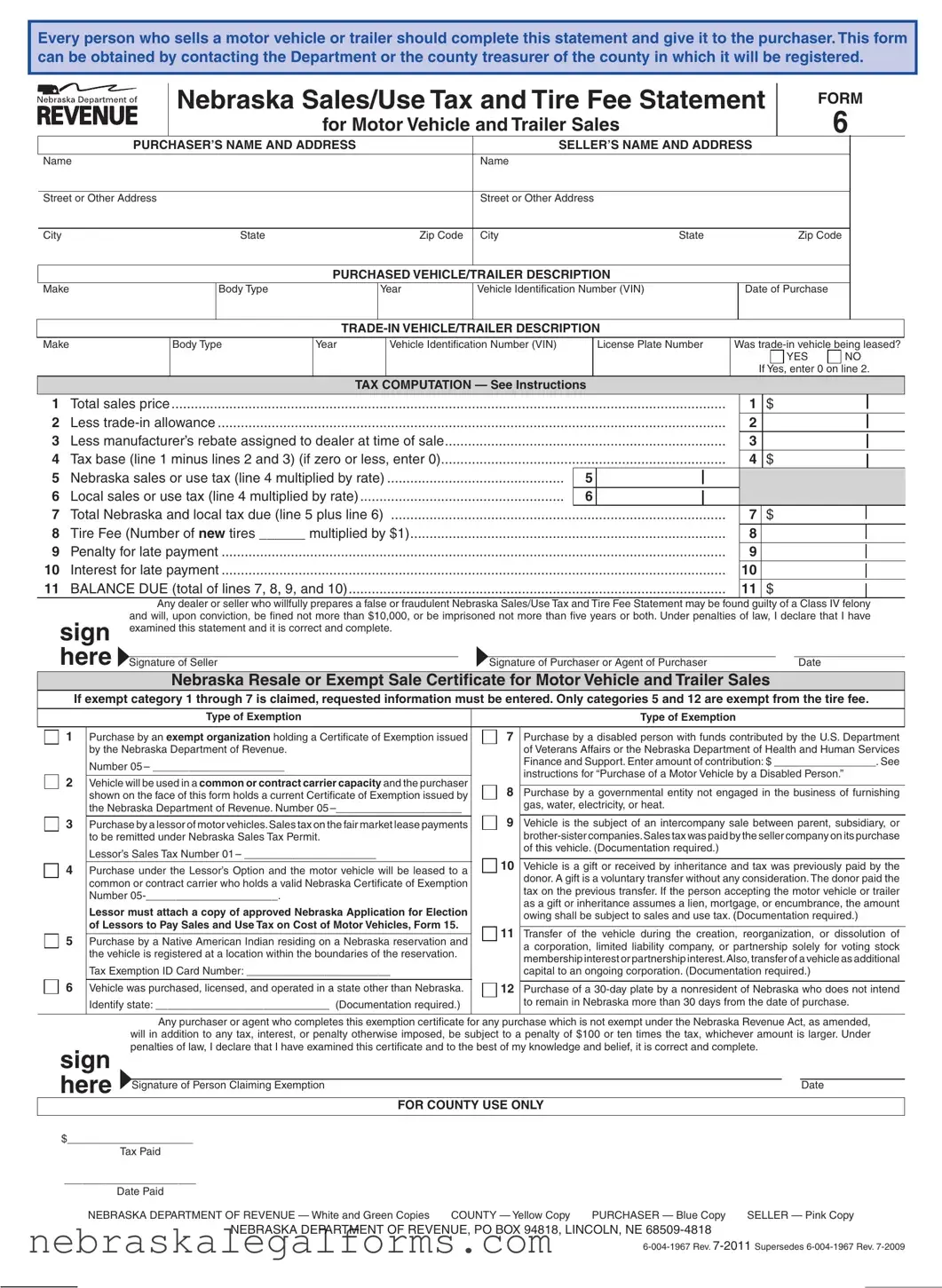 Blank Nebraska Sales Tax Statement Form