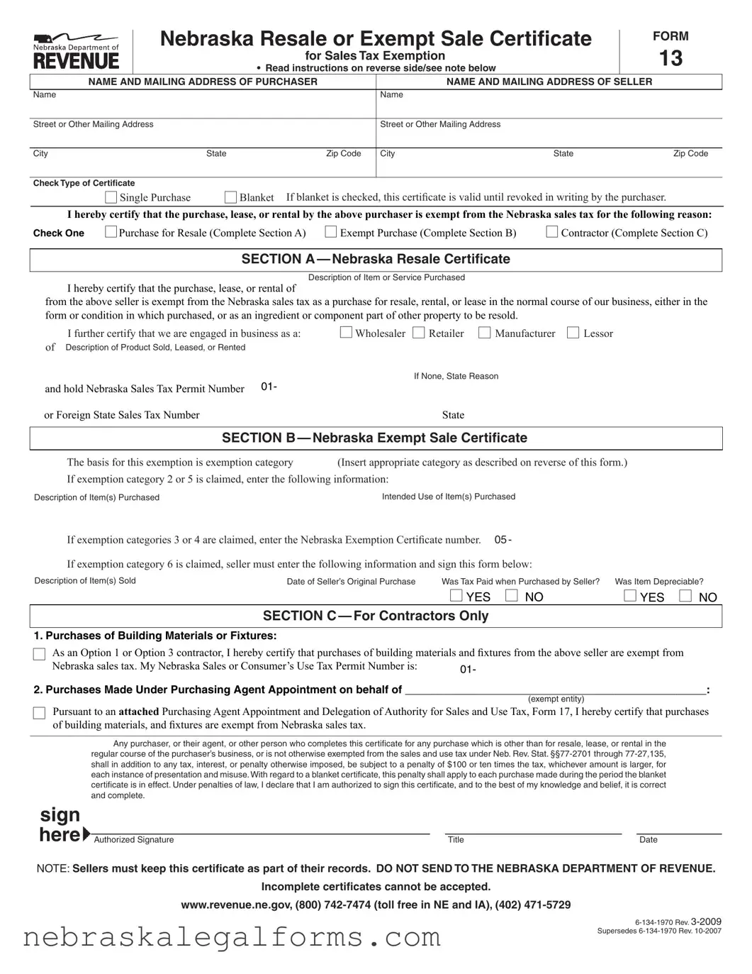 Blank Nebraska Sales Tax Form