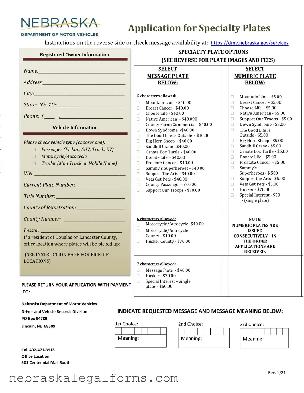 Blank Nebraska Specialty Plates Form