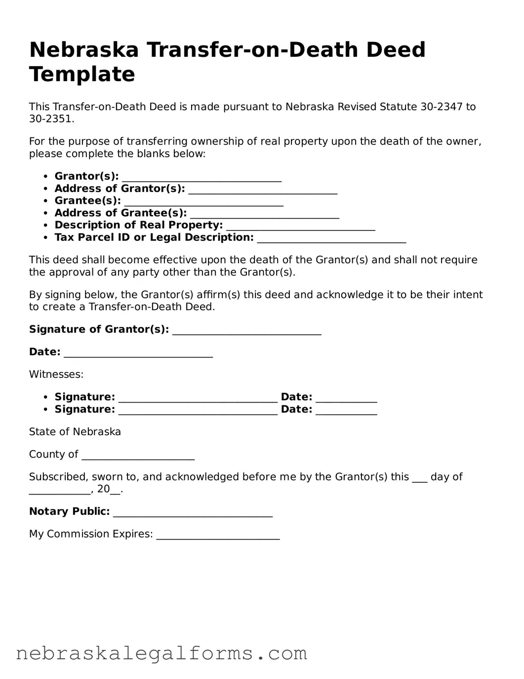 Free Nebraska Transfer-on-Death Deed Document