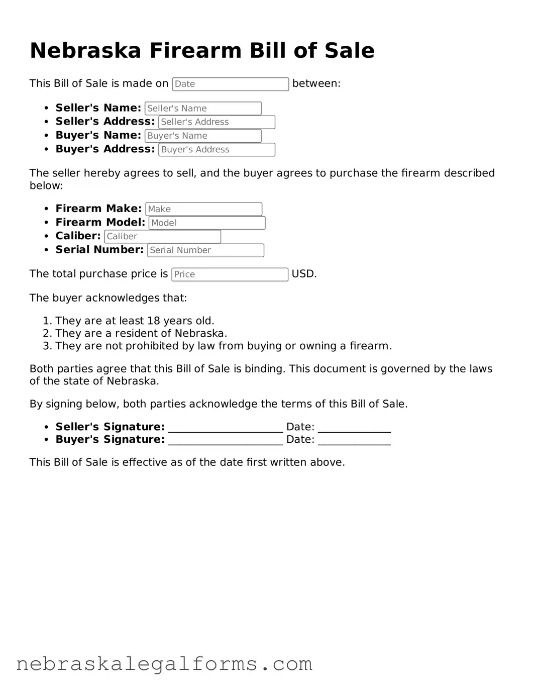 Free Nebraska Firearm Bill of Sale Document