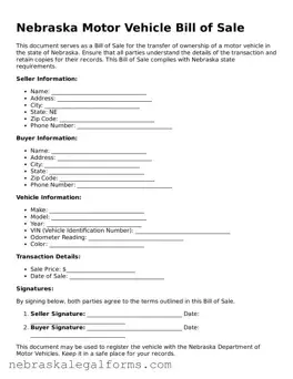 Free Nebraska Motor Vehicle Bill of Sale Document
