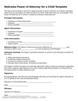 Free Nebraska Power of Attorney for a Child Document