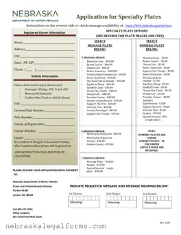 Blank Nebraska Specialty Plates Form